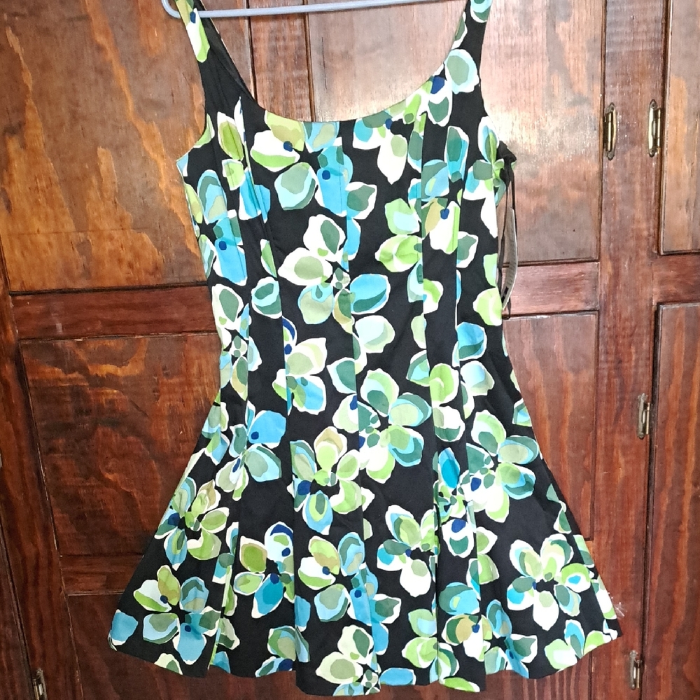 Jones Wear Dress Size 16 Black with Green and Blue Flowers